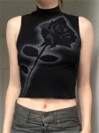 Rose Print Black Crop Top Suvine gooti stiilis Y2k riided K&auml;rbitud korsett Esteetiline kilpkaelusega varrukateta graafilised valged mantlid S must