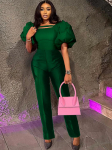 Puff Sleeve Kombinesoonid naistele Tumerohelised Empire Slim Fit Seksikas Bodycon Laia s&auml;&auml;rega &otilde;htuste kokteilide &uuml;rituste kombinesoonid &uuml;hes t&uuml;kis S roheline