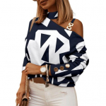 Naiste kevade ja s&uuml;gise moetrendi kett rippuv kaelus, v&auml;rviblokk, tr&uuml;kkimine &otilde;lal, isikup&auml;rastatud pikad varrukad S tumesinine v&auml;rv