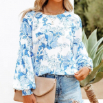 Elegantne O-kaelusega kontoripluus daami vabaaja tr&uuml;kitud laternaga pikkade varrukatega topid Mood lahtised lillelised plisseeritud s&auml;rk Blusas Mujer 29105 S sinine