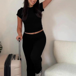 2024 Fashion Slim Fit Crop tops ja pikad p&uuml;ksid, 2 kaheosalist komplekti naiste komplektid, &uuml;hev&auml;rvilised vabaaja s&uuml;gis&uuml;likonna riided 30649 XS orion i v&auml;rv