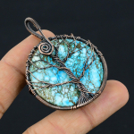 Natural Tree Of Life Tibetan Turquoise Stone Copper Wire Wrap Pendant 2.2 j3u06