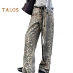 Unisex teksad Leopardimustriga High Street Retro lai jalg lahtised hip hop taskud T&auml;navar&otilde;ivad Nupp T&otilde;mblukk, Naiste meeste pikad teksap&uuml;ksid S leopard