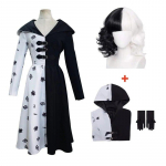 Cruella De Vil Cosplay kost&uuml;&uuml;m Naiste kleit Must valge neiu kleit kinnastega kapuuts seelik parukad komplektid Halloweeni pidu L-(Costume+Wig)