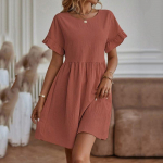Suvine l&uuml;hikeste varrukatega naiste kleit vabaaja elegantne &uuml;mmarguse kaelusega avar vintage naiste kleit Moodsad volangidega naiste kleidid 24177 S aprikoosi