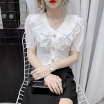 Naiste suvine &uuml;hev&auml;rviline vabaaja l&uuml;hikeste varrukatega T-s&auml;rk Moodne pitsist volangidega Temperament Sweet &scaron;ifoonist V-kaelusega s&auml;rk S valge