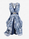Rosegal Plus Size Flowers Print Bowknot pannal Ruched as&uuml;mmeetriline 2 in 1 kleit 2XL sinine