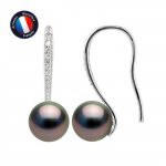 PERLINEA - Boucles d'Oreilles Crochet - V&eacute;ritables Perles de Culture de Tahiti Rondes 8-9 mm - Argent 925 Milli&egrave;mes - Bijoux Femme