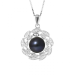 PERLINEA - Collier Corolle - Perle de Culture d'Eau Douce AAA+ Bouton 8-9 mm - Noire - Argent 925 Milli&egrave;mes - Bijoux Femme