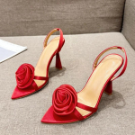Moodne Suvine Mood Siidist Roosikujulised Rihmadega Kontsad Naistele Terava Otsaga Avatud Varbad Punased K&otilde;rged Kontsad Pulmapeo Kingad Zapatos Mujer 35 punane