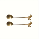 2tk Cute Cat Design roostevabast terasest 304 magustoidu lusika ja kahvli komplekt, l&uuml;hikese varrega satiinviimistlus, teelusikas. 2pcs cat spoon kuldne