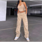 Naiste cargo p&uuml;ksid K&otilde;rge v&ouml;&ouml;koht &Uuml;hev&auml;rvilised Lahtised Mitme taskuga T&auml;ispikk Pehmed Hingavad Vabaaja Streetwear Daami teksap&uuml;ksid S khaki
