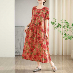 Suvine Uus Vintage Puuvillase-Linase Tr&uuml;kiga &Uuml;mara kaelusega L&uuml;hikeste varrukatega Kleit Naistele Vaba L&otilde;ikega Suur Suurus Sale Kujundus Patchwork Mustriga one size fits all