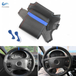 For BMW 3 5 Series E36 E46 E39 X3 E83 X5 E53 2000 Car Steering Wheel Leather Protect Cover Black - red blue line with blue