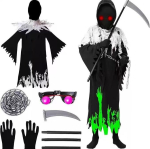 Helendav surmaingli kost&uuml;&uuml;m punase silma ja valgustuva sirbiga Halloweeni jaoks 110 black