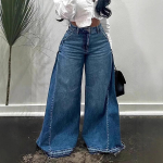 Euroopa-Ameerika Mood Naiste Spleissitud Vabaaja Trendikad L&otilde;dvad Laiad Jalad Laiaks Minevad Denim P&uuml;ksid Naiste Streetwear Jeans P&uuml;ksid S sinine