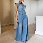 Naiste Varrukateta Denim Jumpsuit Rev&auml;&auml;rkrae K&otilde;rge V&ouml;&ouml;koht Laiad P&uuml;ksid Vabaaja T&auml;ispikk Jumpsuit S sinine