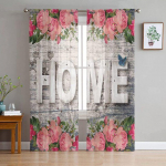 Romantilised magusad lilled Lehed Vintage puidust teraga l&auml;bipaistvad voile kardinad elutuppa Magamistoa kardinad K&ouml;&ouml;k aken t&uuml;llkardin 1 PCS W100XH250cm