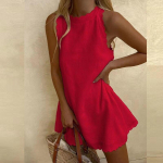 Moodne varrukateta soliidne mini-seksikas minikleit naiste suvine O-kaelusega volangidega puuvillane linane kleit 2023 vabaaja valge kleit-mantel 25672 XXL