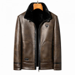 Uus nahkmantel meeste l&uuml;hike krae fliisvoodriga paksendatud karusnahaga integreeritud meeste nahkjakk soe karusnahast jakk M