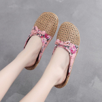 Suvised sandaalid Naiste linased sussid siseruumides libisemisvastane p&otilde;randakate koduseks kasutamiseks Lamedad sussid vabaaja slaidid Lilledega vibu linane naiste sandaalid sisejalatsid 35-36 roosa