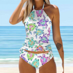 Naiste p&auml;itsetega Butterfly Dandelion Print Bikini Tankini ujumistrikoo 5XL lilla