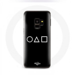 &Uuml;mbris Samsung Galaxy S9 Squid Game logos&uuml;mbolid ring ruudukujuline kolmnurk must taust
