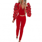 Naiste kombinesoon, roosa aplikatsioon, l&auml;bipaistev v&otilde;rkketiga dekoor Slim Fit V-kaelusega k&otilde;rge v&ouml;&ouml;koht soliidne XL punane