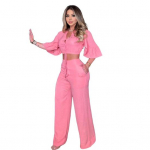 2 tk/komplekt Naiste k&auml;rbitud p&uuml;kste komplekt V kaelusega poolmulliga varrukad k&otilde;rge v&ouml;&ouml;kohaga S roosa