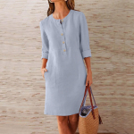 Naiste suur avar t&auml;is puuvillasest linasest &uuml;mmarguse kaelusega l&uuml;hikeste varrukatega taskun&ouml;&ouml;biga kleit XL