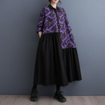 Kevadine ja s&uuml;gisene naiste kleit avara pluss suuruses tr&uuml;kitud splaissimisega keskmise pikkusega kirjanduslikud retro pikkade varrukatega kleidid One Size lilla