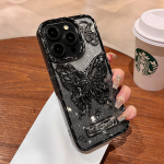 Luksuslik 3D liblikakujuline s&auml;rapuudriga kaetud telefoni&uuml;mbris iPhone 15 14 13 12 11 Pro Max 15 Pro jaoks, pehme TPU &uuml;mbris, millel on stendihoidik iPhone 15 Pro Max must