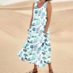 Naiste suvine vabaaja moekleit lilledega tr&uuml;kitud varrukateta &uuml;markaelusega taskukleit L sinine