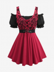 Rosegal Plus Size Cold Shoulder Puff varrukas, lilleline v&otilde;rk, flokeeriv pits, 2-&uuml;hes topp PU-rihmaga L punane