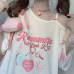 Naiste Kawaii Off Shoulder T-s&auml;rk Harajuku Sweet Girl White Tops Y2k Esteetilised armsad graafilised s&auml;rgid Jaapani moes&auml;rk S valge