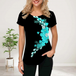 Naiste suvine T-s&auml;rk, roosa kristalllilleprintiga l&uuml;hikeste varrukatega s&auml;rgid vabaaja tr&uuml;kitud topid XS sinine