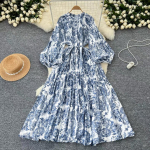 American Chic Maxi kleidid naistele tr&uuml;kitud O-kaelusega laternaga varrukatega naiste Vestidos De Mujer A-line pitskleit One Size