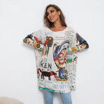 S&uuml;gisene naiste kudum Suures suuruses multifilmiga tr&uuml;kitud kampsun, pikkade varrukatega vabaaja pullover, avar s&auml;rk top One Size