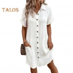 Naiste puuvillane linane kleit vabaaja n&ouml;&ouml;pidega V-kaelusega taskutega kleit suvine l&uuml;hikeste varrukatega rannap&auml;ikese kleit S tumeroheline v&auml;rv