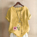 Naiste mood Lilled Prinditud &uuml;mmarguse kaelusega l&uuml;hikeste varrukatega T-s&auml;rk vabaaja puuvillane linane graafiline s&auml;rk vaba aja veetmiseks suvised pluusid 3XL sinine