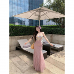 Qiaoke T&uuml;druku Puhkuse Stiilis Lillede Tikandiga V&otilde;rkkleit Naiste Suvine Vabaaja &Scaron;ikk Traksidega Kalasaba Kleit Pikk Kleit S- (can be worn within 45kg) aprikoosi