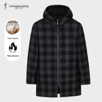 Men's Mid-Length Wool Blend Hooded Plaid Padded Coat L