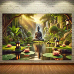 Buddha aiakaskaadi seinavaip, Zen maastikukunst, lootosebasseini kaunistus, rahulik loodus, seinapendant, elutoa tr&uuml;kis 150x100CM