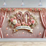 Elegantne 80. s&uuml;nnip&auml;eva t&auml;histamise b&auml;nner - pol&uuml;esterkiud, roosakuldne ja teemant digitaalne disain, s&uuml;nnip&auml;evapeo kaunistus 100x150cm