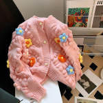 Kawaii Kampsun 3D Lilleline Tikand Kootud Kardigan Naistele Pikkade Varrukatega &Uuml;he Rida N&ouml;&ouml;bid Kontrastv&auml;rvi Kampsun S&uuml;gis One Size beež