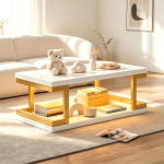 Kohvilaud, Ristk&uuml;likukujuline, Valge + Kuldne, LED-valgustusega, Elutoala laud valmistatud MDF-ist+Metallist, Kandev&otilde;ime kuni 50 kg, 100x50x37,5cm 100 x 50 x 37.5 cm