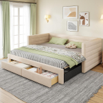 Polsterdatud 3-in-1 diivanvoodi 90 x 190 cm, sahtlitega, muudetav &uuml;hekohaliseks/kahekohaliseks, lippidest raamiga, puuvill ja lina, beež (Madrats ei kuulu komplekti) 207 x 189 x 74 cm beež