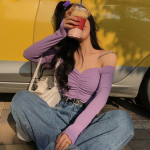 Naiste T-s&auml;rk Seksikas &otilde;lgadeta Korea naiste T-s&auml;rk Kaldkaelusega pikkade varrukatega Crop Tops Klubir&otilde;ivad suvel One Size