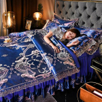 4tk/komplekt Satiin Jacquard &uuml;he- ja kahekordne tekikate, pitsiserv Euroopa voodi seelik pulmapesukomplekt Mugav, pehme nahas&otilde;bralik neljaosaline komplekt Twin 4 pcs lilla