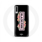 Coque pour Samsung Galaxy A70 Blackpink Groupe de K-pop Logo Noir Rose Fond Noir